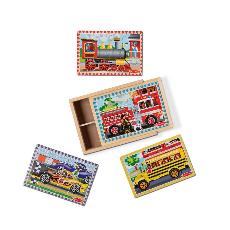Melissa &#38; Doug Vehicles 4-in-1 Wooden Jigsaw Puzzles in a Storage Box - 48pc, 1 of 17