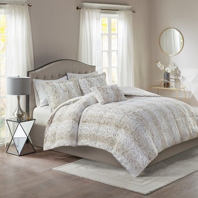Sapphtopaz Bedding Comforter Set Soft Faux Fur Quilting Gradient Color Stripes Print 4 Piece Quilt Set with Pillow and Shams