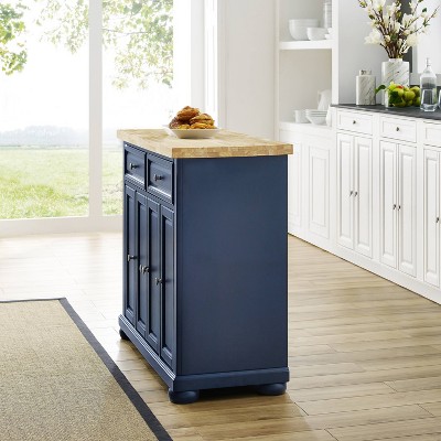 Navy Solid Wood Butcher Block Kitchen Island with Storage