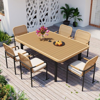 Whisen 7-Piece Outdoor Wicker Dining Set with Plastic-Wood Table and Umbrella Hole
