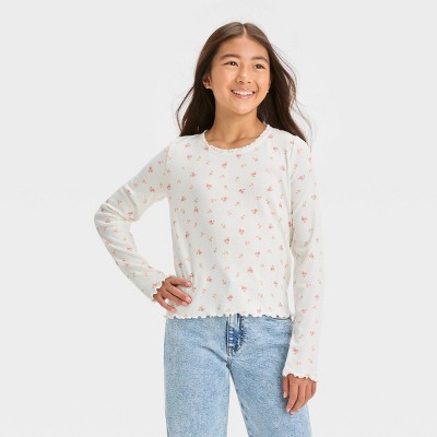 Girls' Long Sleeve Lace Trim T-shirt - Art Class™ White Floral Xxl : Target