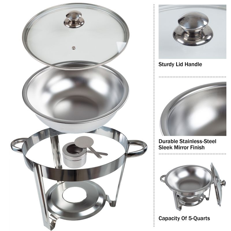Great Northern Popcorn Chafing Dish 5 Quart Stainless Steel Round Buffet Set – Includes Water Pan, Food Pan, Fuel Holder, Cover, and Stand, 3 of 13
