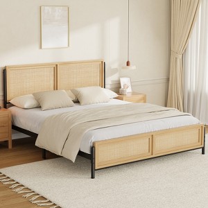 Garvee Bed Frame with Natural Rattan Headboard and Footboard, Wooden Platform No Box Spring Needed, 14 inch Noise-Free Metal Bedframe - 1 of 4