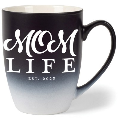 Elanze Designs Mom Life Est 2023 Two Toned Ombre Matte Black and White 12 ounce Ceramic Stoneware Coffee Cup Mug