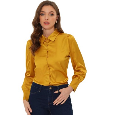 INSPIRE CHIC Women's Puff Long Sleeve Point Collar Vintage Button Work Satin Shirt