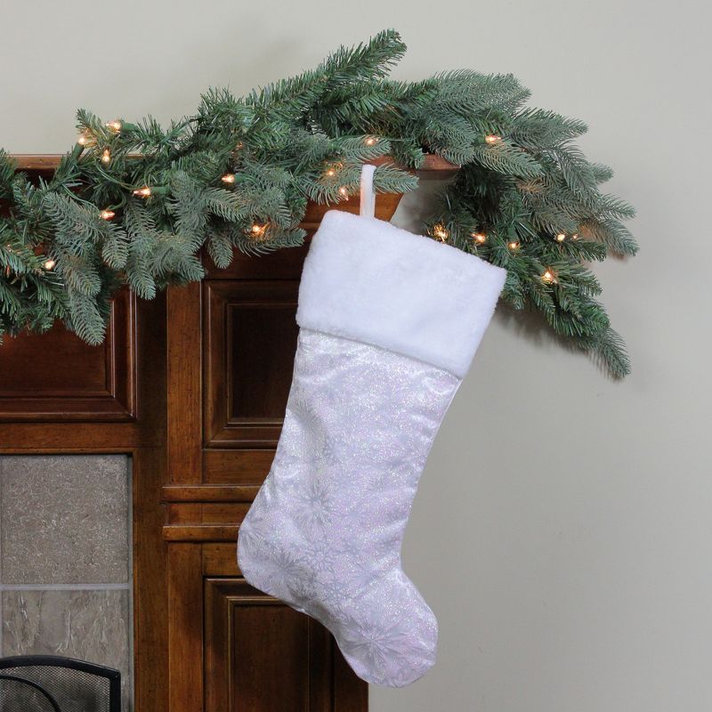 Northlight 20.5" Iridescent Glitter Snowflake Print Christmas Stocking with Faux Fur Cuff, 2 of 5