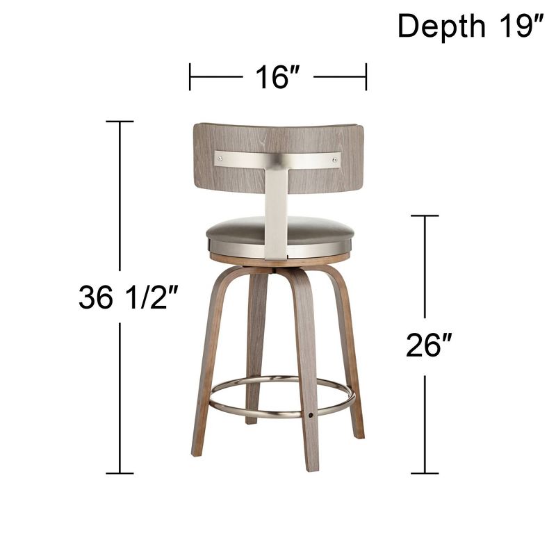 Studio 55D Tilden Wood Swivel Bar Stool Brown 26" High Mid Century Modern Gray Leather Cushion with Backrest Footrest for Kitchen Counter Height Home, 4 of 10