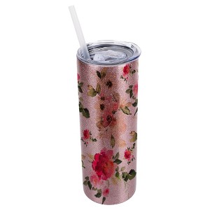 Elanze Designs Bubblegum Pink 20 Ounce Double Wall Stainless Steel Glitter Travel Tumbler With Sliding Lid And Straw, Floral - 1 of 4