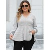 Women Plus V Neck Lantern Long Sleeve Shirts Oversized Casual Ribbed Tunics Knit Pullover Sweaters Flower Gray Large - 2 of 4
