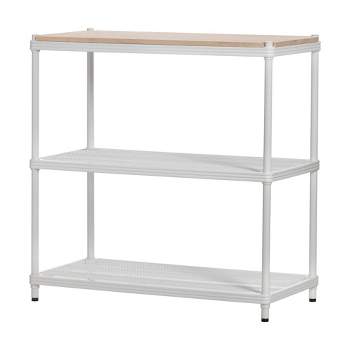 Design Ideas MeshWorks Metal Storage Wood Top Workbench Shelving Unit Rack for Garage and Kitchen Storage, 35.4” x 17.7” x 35.4”, White