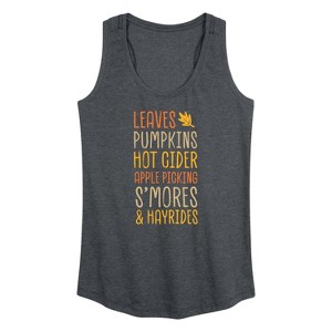 Women's - Instant Message - Fall Bucket List Leaves, Pumpkins, Hot Cider Graphic Racerback Tank - 1 of 4