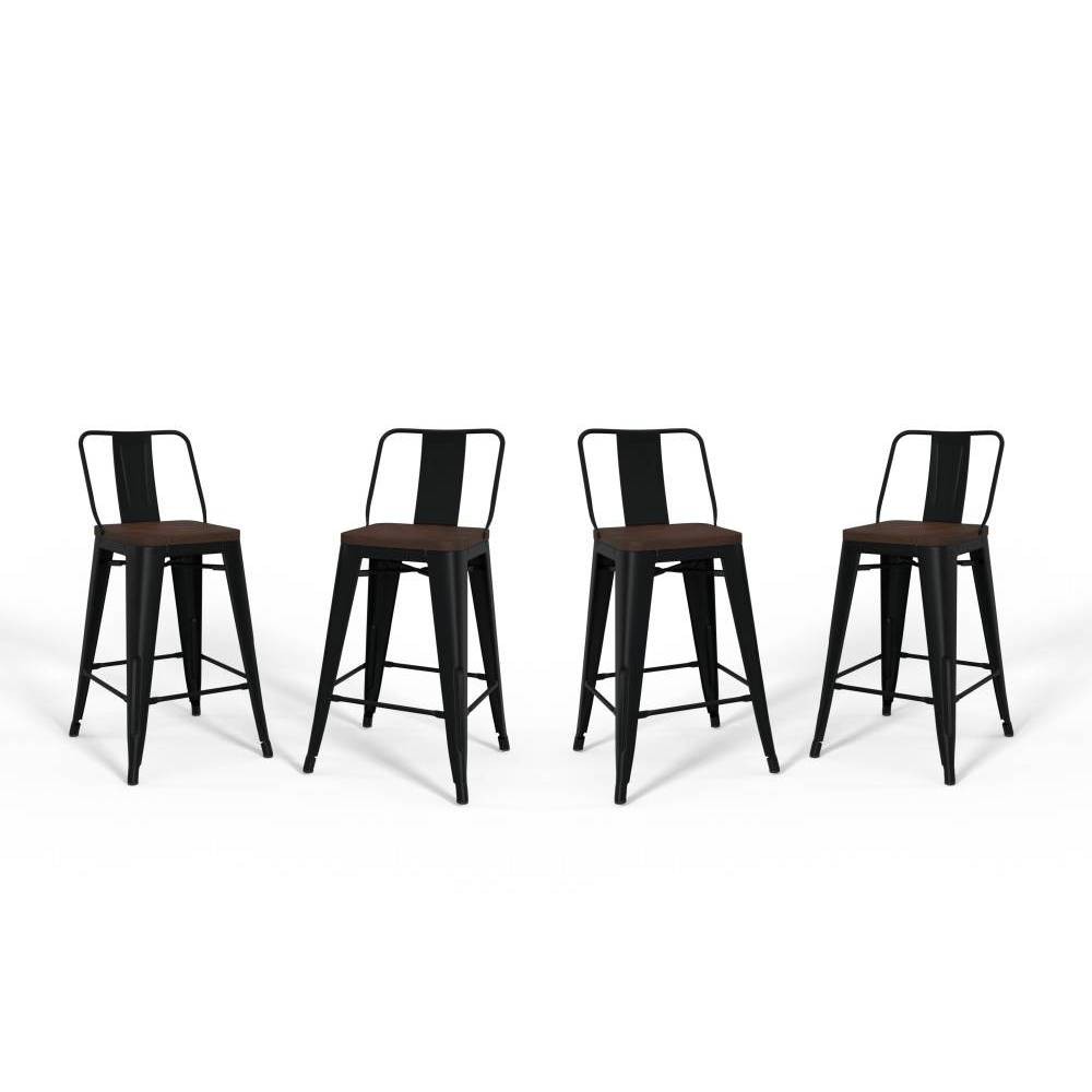 WyndenHall Set of 4 24" Josephine Metal/Wood Counter Height Barstools Black: Square, Armless, Fixed Height