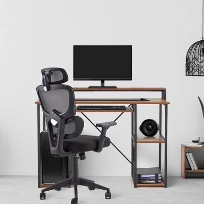 JOMEED 46.5 Inch Brown Wood Computer Desk with Keyboard Tray and Shelves