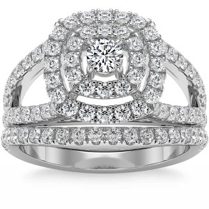 Pompeii3 1 3/4Ct Natural Diamond Cushion Halo Engagement Wedding Ring Set in 10k Gold - 1 of 4