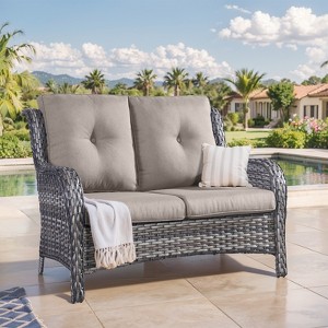 Buenhomino Outdoor Patio Couch Wicker Sofa Loveseat- 2 Seater Rattan Sofa for Outside Patio Garden with Deep Seating and Olefin Cushions - 1 of 4