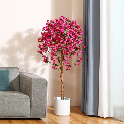 5' Tall Artificial Bougainvillea Tree with Pink Flowers and Wood Trunk
