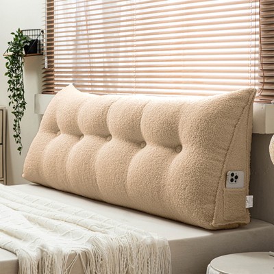 Soft Wedge Teddy Velvet Headboard Pillow w/ Side Pocket - PP Cotton Filled, Triangular Backrest Cushion for Dorm Bed