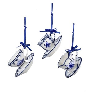 Kurt Adler Porcelain Ornaments for Christmas Tree, Delft Blue Tea Cup and Saucer, Assorted (Pack of 3) - 1 of 4