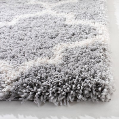 Grey and Cream Geometric Plush Shag Area Rug 5'3" x 7'6"