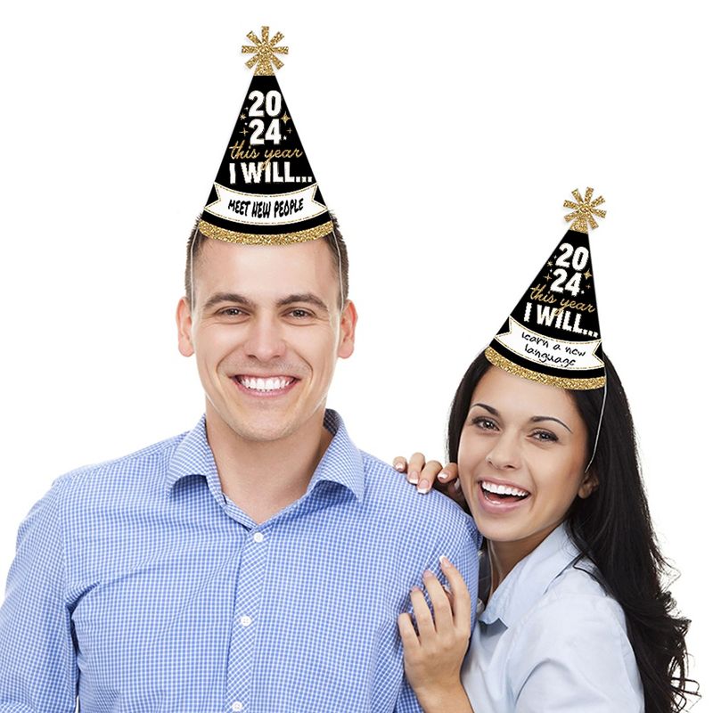 Big Dot of Happiness Hello New Year - Cone Party Hats - 2024 NYE Resolution Cone Party Hat for Adults - Set of 8 (Standard Size), 2 of 9