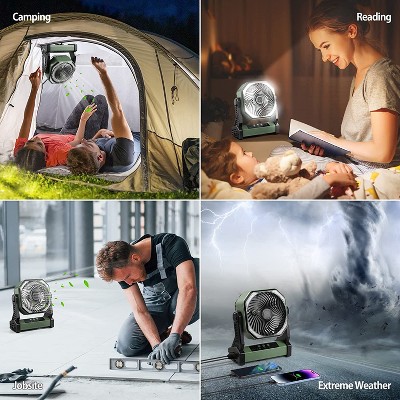 Green Rechargeable Oscillating Desk Fan with LED Light and Hook