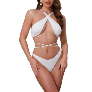 INSPIRE CHIC Women's Criss Cross Backless Elegant Ribbed Knit Bikini Sets, Strappy Top Triangle Bottom Swimwear Bathing Suits 1 Set - 1 of 4