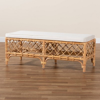 Serene Orchard White Fabric and Natural Rattan Bench - 48"