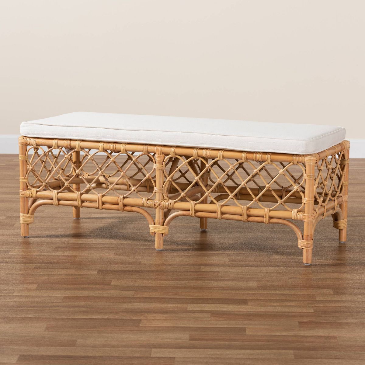 Orchard Fabric Upholstered and Rattan Bench White/Natural - bali & pari - thumbnail 7