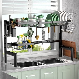 SKONYON Adjustable 2-Tier Kitchen Organizers Rack Over-the-Sink Dish Drying Rack with Drainboard and Cutlery Holder(26''-33.5''), Black - 1 of 4