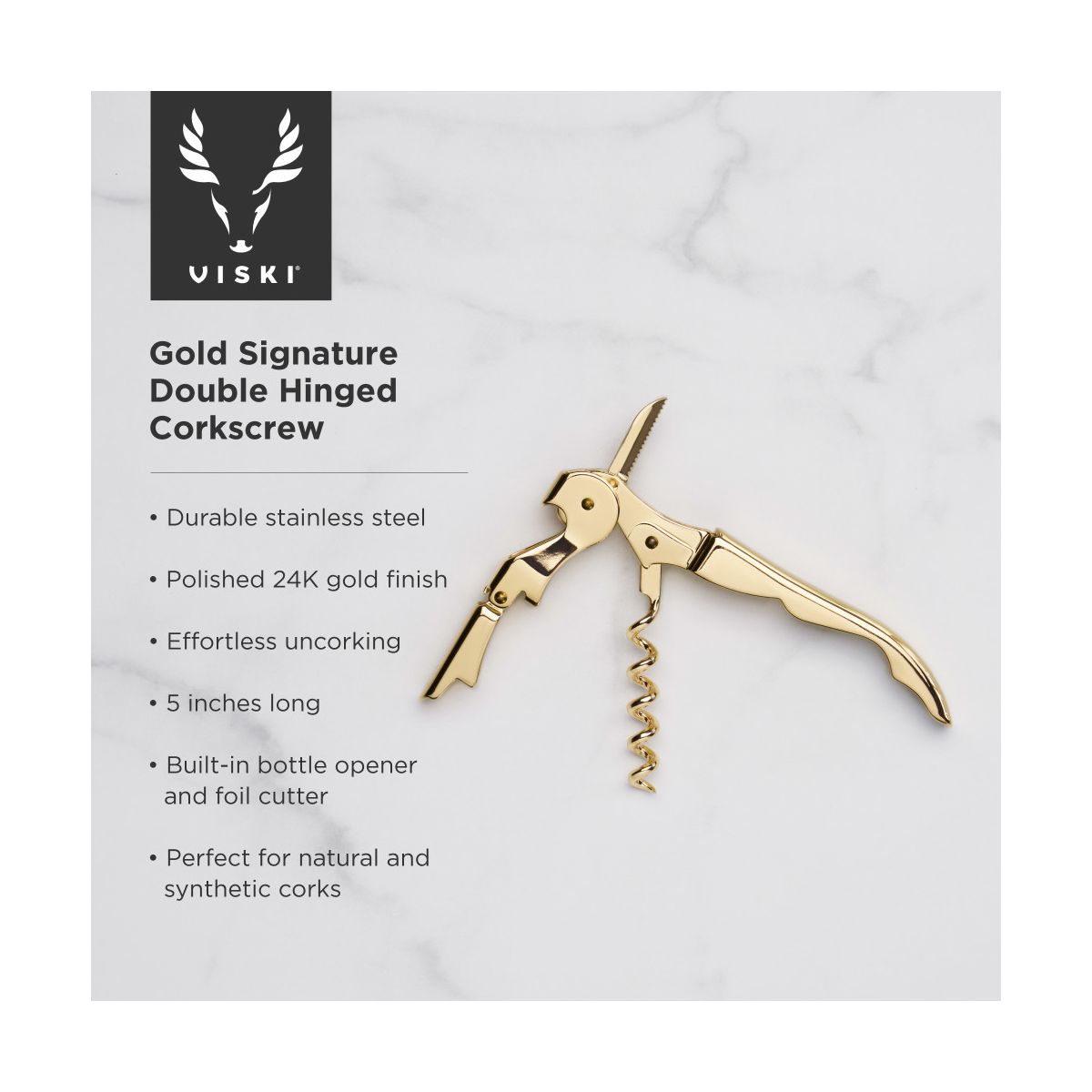 Viski 24k Gold Plated Signature Double Hinged Corkscrew Wine Opener with Foil Cutter, Wine Bottle Opener for Home Bar, Kitchen, Gifts for Wine Lovers - thumbnail 2