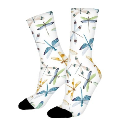 Colorful Dragonfly Women Printed Crew Socks Funny Funky Socks Soft Polyester Novelty Gifts for Artists Men