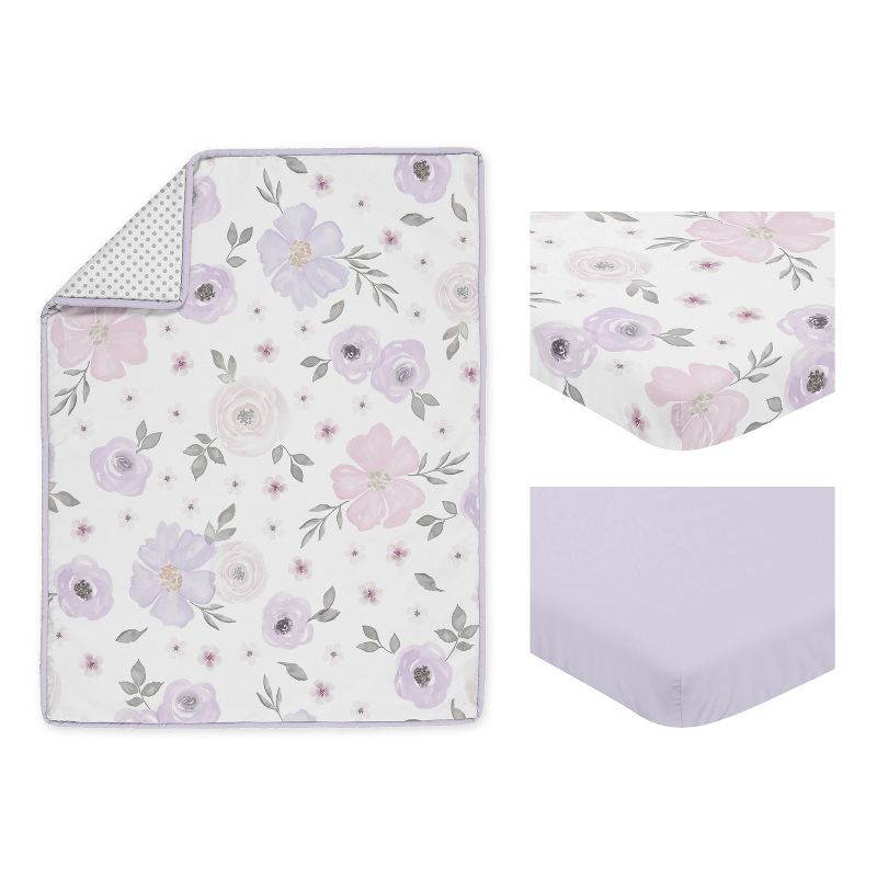 Sweet Jojo Designs Girl Baby Mini Crib Bedding Set - Watercolor Floral Purple Pink and Grey 3pc, 2 of 6