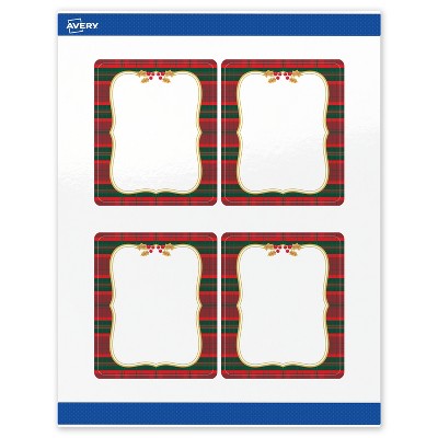 Avery Labels, 4" x 3-1/3", Gold-Red-Green Plaid, Glossy, 40ct