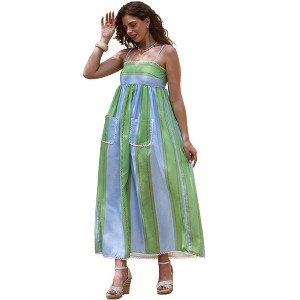 INSPIRE CHIC Women's Striped Slip Square Neck Sleeveless Beach Spaghetti Strap A-Line Maxi Dresses - 1 of 4