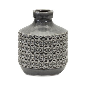 Terra Cotta Vase – Green Clay Geometric Design – 10" Height Decorative Piece By Melrose - 1 of 3