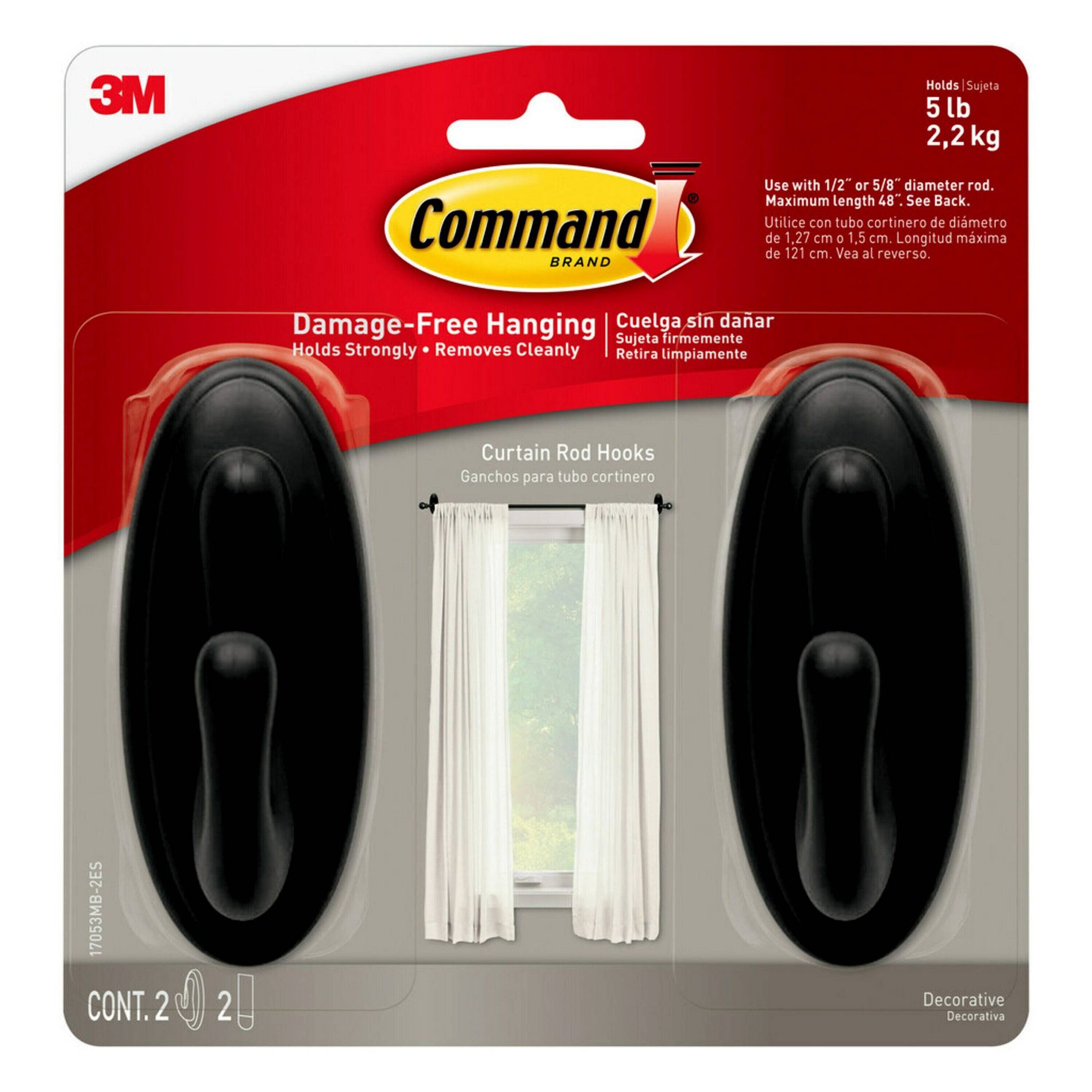 2pk Command Curtain Rod Hooks Black: No Drill Curtain Rod Brackets, Plastic, 5lb Capacity, Support Brackets, 2ct