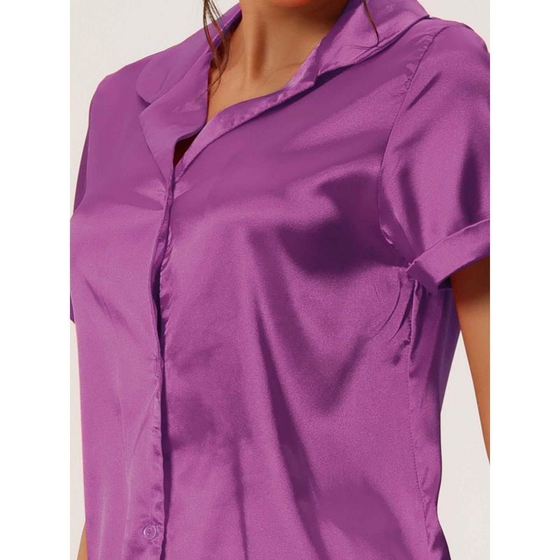 cheibear Women's Satin Button Short Sleeve Shirt and Shorts 2 Pcs Pajama Set, 4 of 6