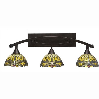Toltec Lighting Bow 3 - Light Vanity in  Bronze with 7" Amber Dragonfly Art Glass Shade