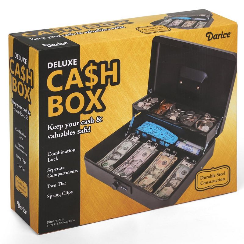 Darice Cash Box - Extra Large Money Safe for Cash- Foldable Money Box Organizer - Lock for Safety - Extra Compartment - Handle (9.5"x 11.75"x 3.5"), 1 of 4