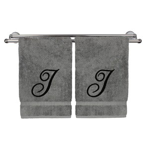 BC BARE COTTON Monogrammed Hand Towel, 100% Turkish Cotton - Set of 2 - Gray - Black Script - 1 of 4