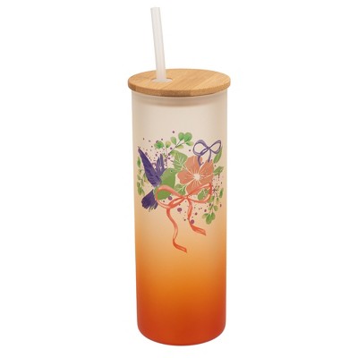 Elanze Designs 25 Ounce Frosted Glass Gradient Travel Tumbler With Straw and Wooden Lid, Hummingbird Floral Orange