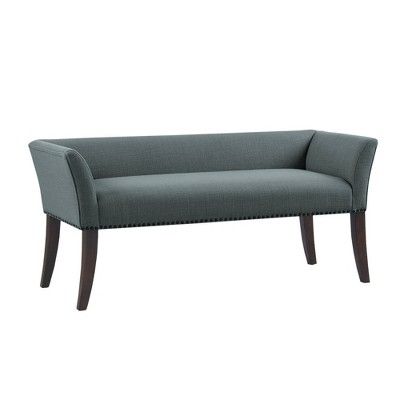 Slate Blue Upholstered Bench with Espresso Wood Legs