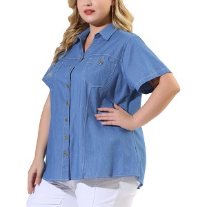 Agnes Orinda Women's Plus Size Short Sleeve V Neck Chest Pocket Solid Button Down Shirts - 1 of 4