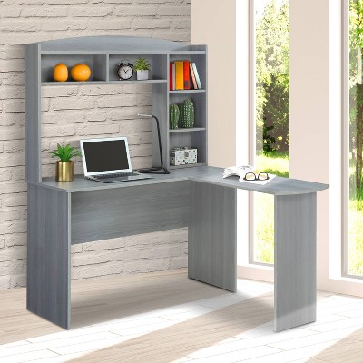 Modern Gray L-Shaped Desk with Hutch and Storage