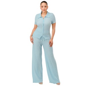 Slickblue Women’s Textured Polo & Pant Set, Button Down, Co-ord Outfit, Work & Weekend, 3 Color Options, Size S-L - 1 of 4