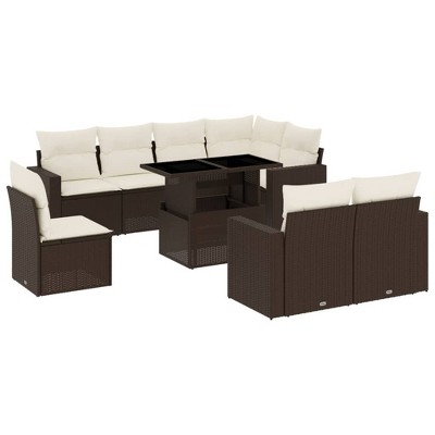 vidaXL 9 Piece Patio Sofa Set with Cushions - Brown and Cream without Storage