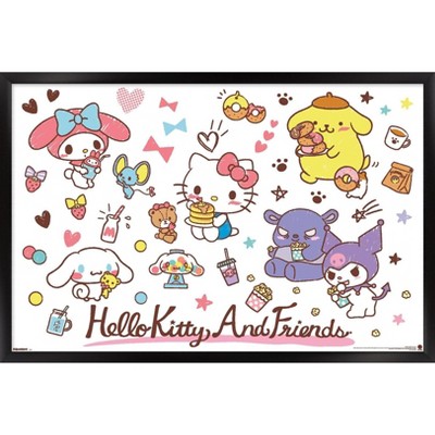 Trends International Hello Kitty and Friends: 25 Snack Time - Group Framed Wall Poster Prints Black Framed Version 14.725" x 22.375"