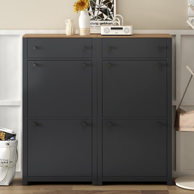 Functional Wood Grain Shoe Cabinet with 2 Flip Top Drawers and Adjustable Panels - ModernLuxe