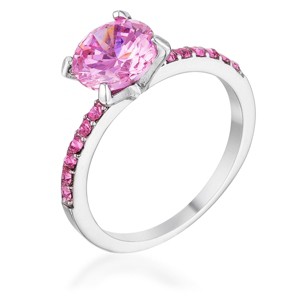 Slickblue Women’s Pink Cubic Zirconia Ring, Rhodium-Plated Classic Band, 2.3CT Round Stone, Sizes 5-10 - 1 of 2