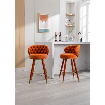 Sapphtopaz Swivel Bar Stools Set of 2, Upholstered Counter Height Bar Stools with Button Tufting and Wood Legs, High Chairs for Kitchen Island